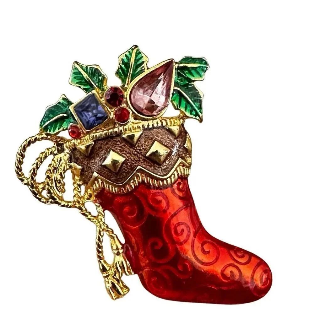 Christopher Radko Christmas Red Stocking Enamel Crystal Brooch Pin